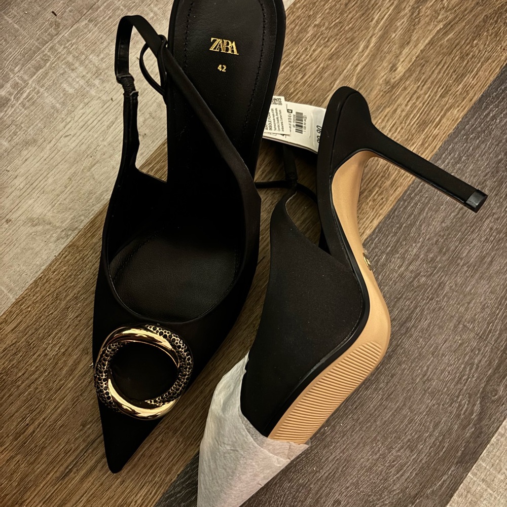 Zara Elegant Black Heels with Gold Ring Detail